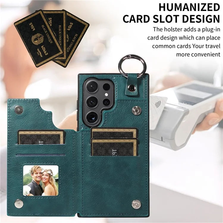 003 For Samsung Galaxy S24 Ultra Case Card Slots Leather Phone Cover Double Magnetic Clasp, Ring Buckle