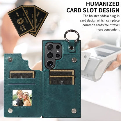 003 For Samsung Galaxy S24 Ultra Case Card Slots Leather Phone Cover Double Magnetic Clasp, Ring Buckle