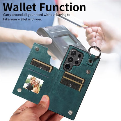 003 For Samsung Galaxy S24 Ultra Case Card Slots Leather Phone Cover Double Magnetic Clasp, Ring Buckle
