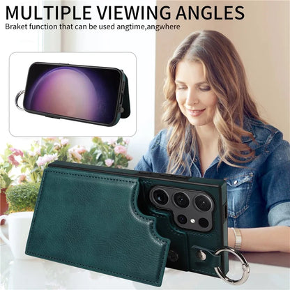 003 For Samsung Galaxy S24 Ultra Case Card Slots Leather Phone Cover Double Magnetic Clasp, Ring Buckle