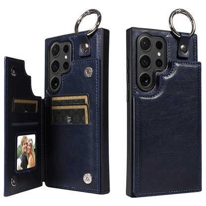 003 For Samsung Galaxy S24 Ultra Case Card Slots Leather Phone Cover Double Magnetic Clasp, Ring Buckle