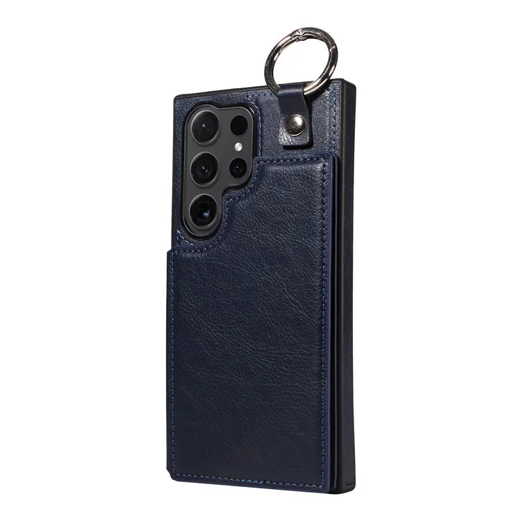 003 For Samsung Galaxy S24 Ultra Case Card Slots Leather Phone Cover Double Magnetic Clasp, Ring Buckle