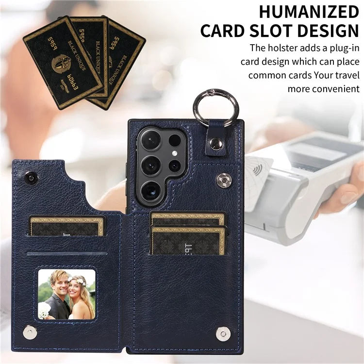 003 For Samsung Galaxy S24 Ultra Case Card Slots Leather Phone Cover Double Magnetic Clasp, Ring Buckle