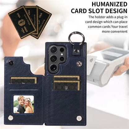 003 For Samsung Galaxy S24 Ultra Case Card Slots Leather Phone Cover Double Magnetic Clasp, Ring Buckle