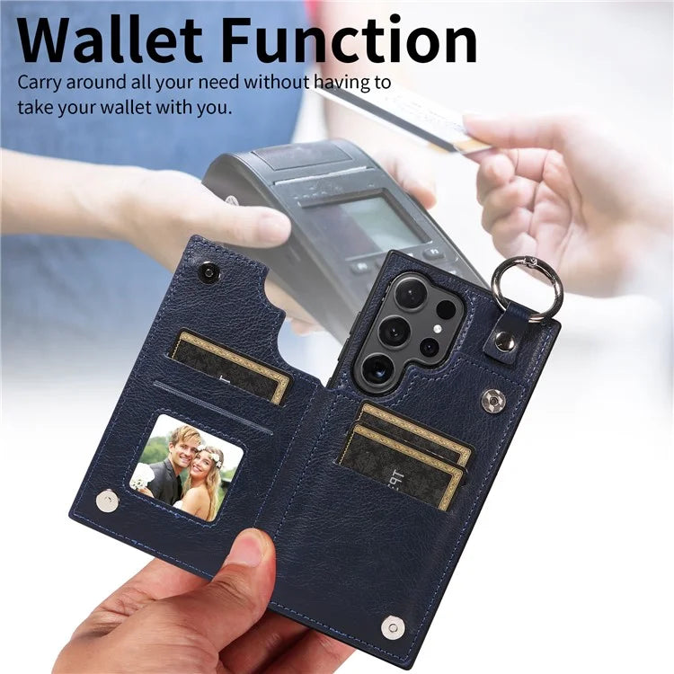 003 For Samsung Galaxy S24 Ultra Case Card Slots Leather Phone Cover Double Magnetic Clasp, Ring Buckle