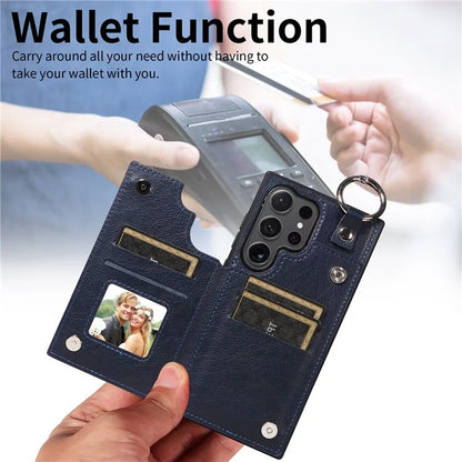 003 For Samsung Galaxy S24 Ultra Case Card Slots Leather Phone Cover Double Magnetic Clasp, Ring Buckle