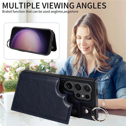 003 For Samsung Galaxy S24 Ultra Case Card Slots Leather Phone Cover Double Magnetic Clasp, Ring Buckle