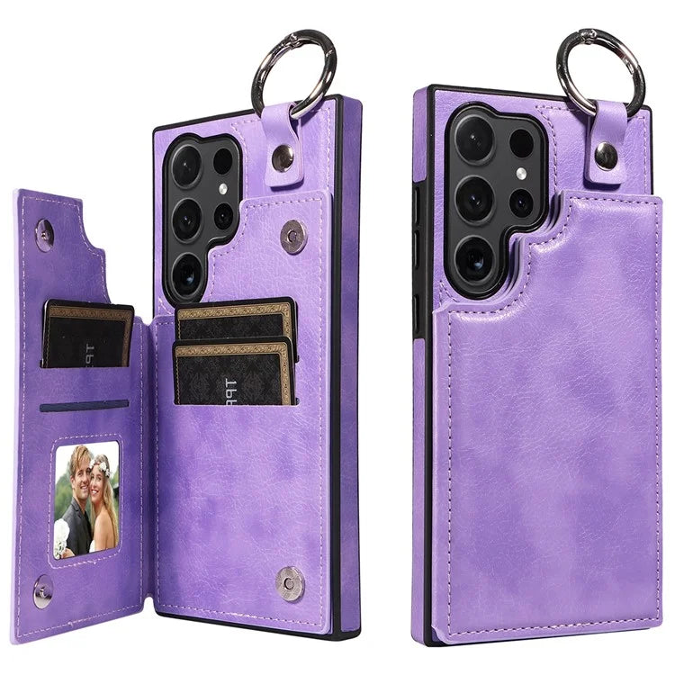 003 For Samsung Galaxy S24 Ultra Case Card Slots Leather Phone Cover Double Magnetic Clasp, Ring Buckle