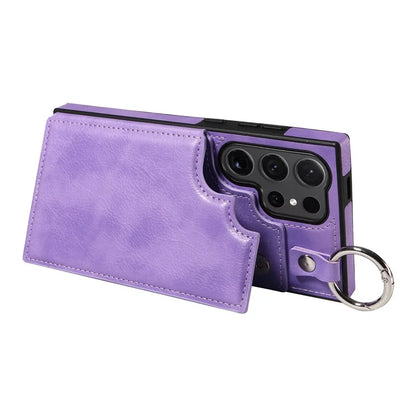 003 For Samsung Galaxy S24 Ultra Case Card Slots Leather Phone Cover Double Magnetic Clasp, Ring Buckle