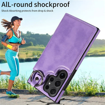 003 For Samsung Galaxy S24 Ultra Case Card Slots Leather Phone Cover Double Magnetic Clasp, Ring Buckle