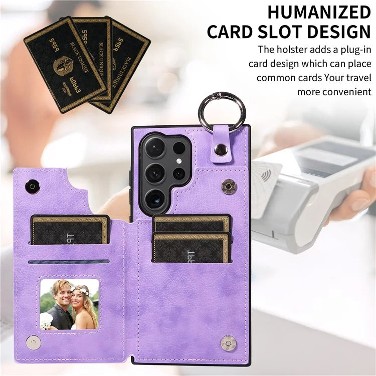 003 For Samsung Galaxy S24 Ultra Case Card Slots Leather Phone Cover Double Magnetic Clasp, Ring Buckle