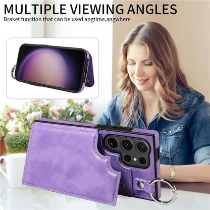 003 For Samsung Galaxy S24 Ultra Case Card Slots Leather Phone Cover Double Magnetic Clasp, Ring Buckle