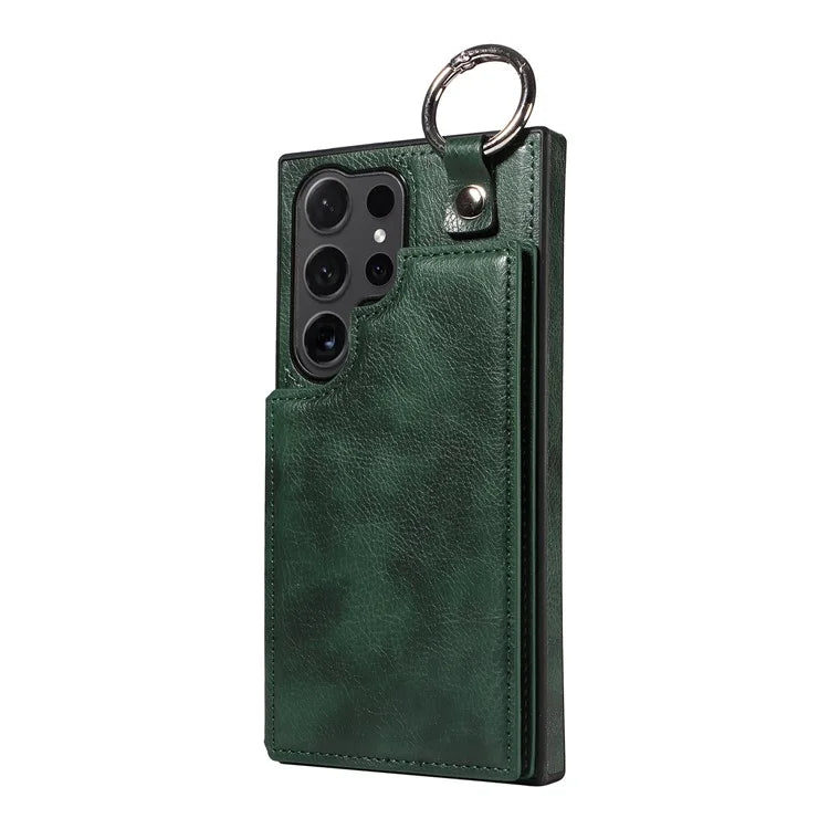 003 For Samsung Galaxy S24 Ultra Case Card Slots Leather Phone Cover Double Magnetic Clasp, Ring Buckle