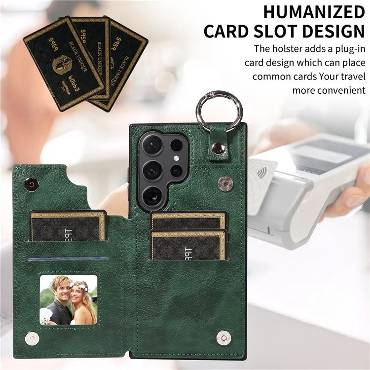 003 For Samsung Galaxy S24 Ultra Case Card Slots Leather Phone Cover Double Magnetic Clasp, Ring Buckle