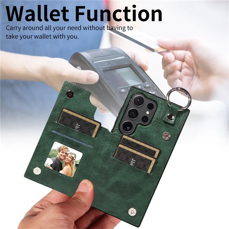 003 For Samsung Galaxy S24 Ultra Case Card Slots Leather Phone Cover Double Magnetic Clasp, Ring Buckle