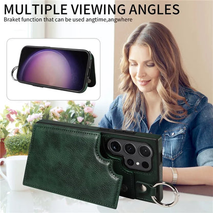 003 For Samsung Galaxy S24 Ultra Case Card Slots Leather Phone Cover Double Magnetic Clasp, Ring Buckle