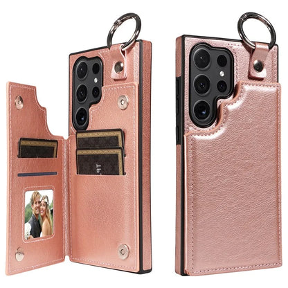 003 For Samsung Galaxy S24 Ultra Case Card Slots Leather Phone Cover Double Magnetic Clasp, Ring Buckle