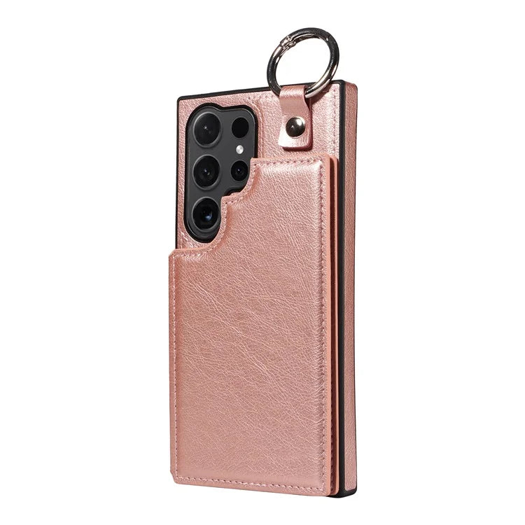 003 For Samsung Galaxy S24 Ultra Case Card Slots Leather Phone Cover Double Magnetic Clasp, Ring Buckle