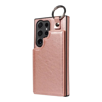 003 For Samsung Galaxy S24 Ultra Case Card Slots Leather Phone Cover Double Magnetic Clasp, Ring Buckle