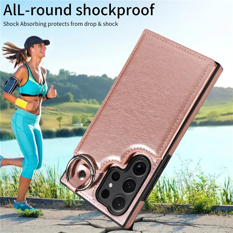 003 For Samsung Galaxy S24 Ultra Case Card Slots Leather Phone Cover Double Magnetic Clasp, Ring Buckle