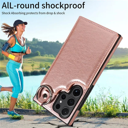 003 For Samsung Galaxy S24 Ultra Case Card Slots Leather Phone Cover Double Magnetic Clasp, Ring Buckle