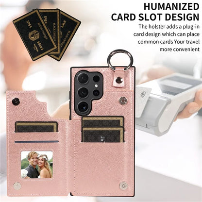 003 For Samsung Galaxy S24 Ultra Case Card Slots Leather Phone Cover Double Magnetic Clasp, Ring Buckle