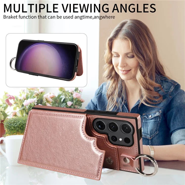 003 For Samsung Galaxy S24 Ultra Case Card Slots Leather Phone Cover Double Magnetic Clasp, Ring Buckle