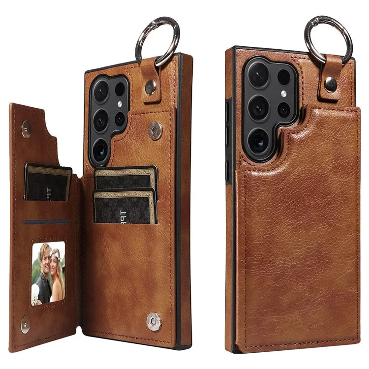003 For Samsung Galaxy S24 Ultra Case Card Slots Leather Phone Cover Double Magnetic Clasp, Ring Buckle