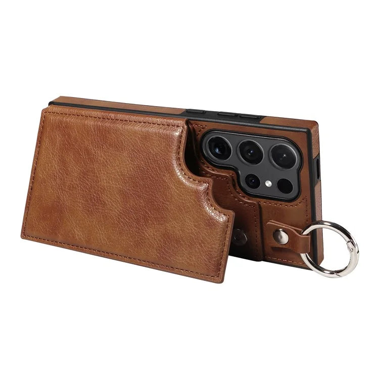 003 For Samsung Galaxy S24 Ultra Case Card Slots Leather Phone Cover Double Magnetic Clasp, Ring Buckle