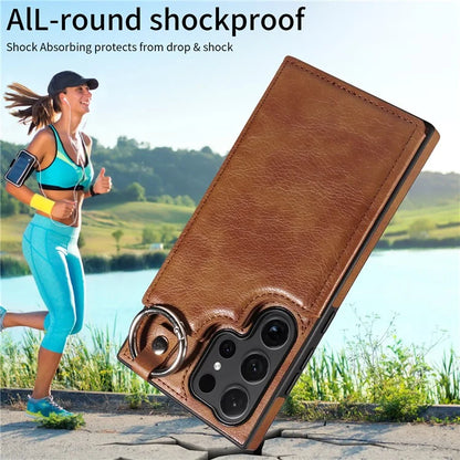 003 For Samsung Galaxy S24 Ultra Case Card Slots Leather Phone Cover Double Magnetic Clasp, Ring Buckle