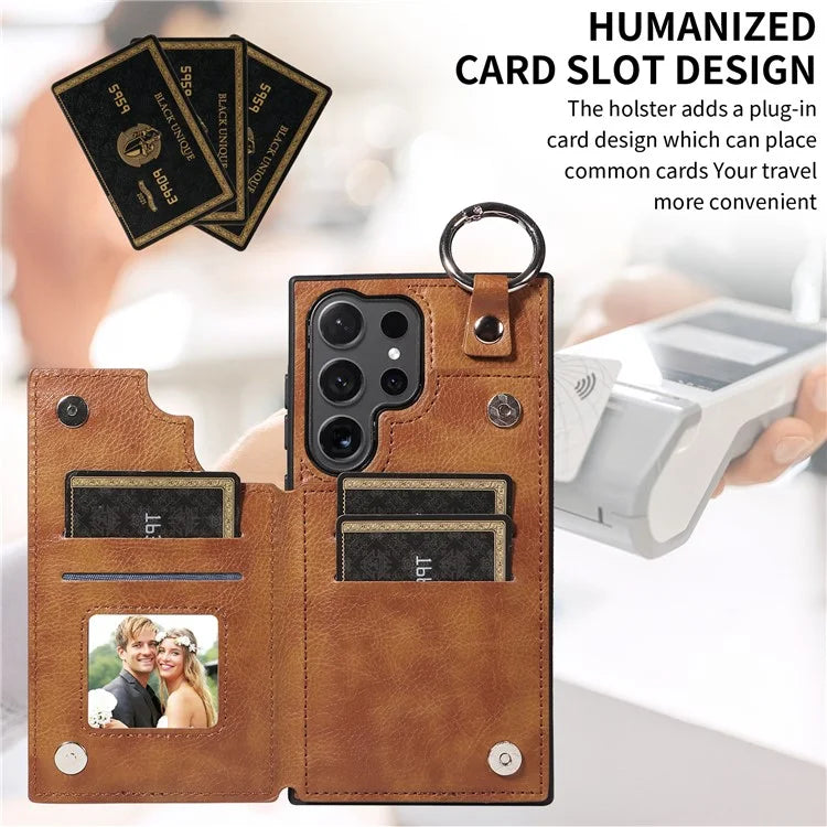 003 For Samsung Galaxy S24 Ultra Case Card Slots Leather Phone Cover Double Magnetic Clasp, Ring Buckle