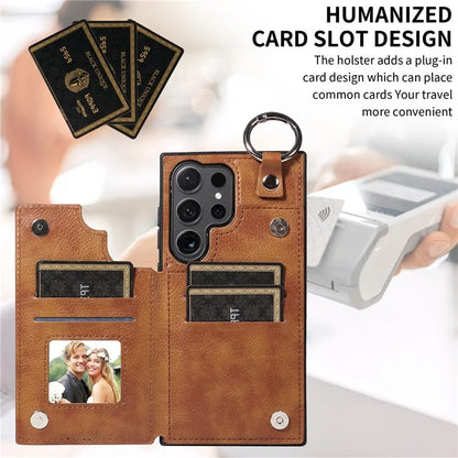 003 For Samsung Galaxy S24 Ultra Case Card Slots Leather Phone Cover Double Magnetic Clasp, Ring Buckle