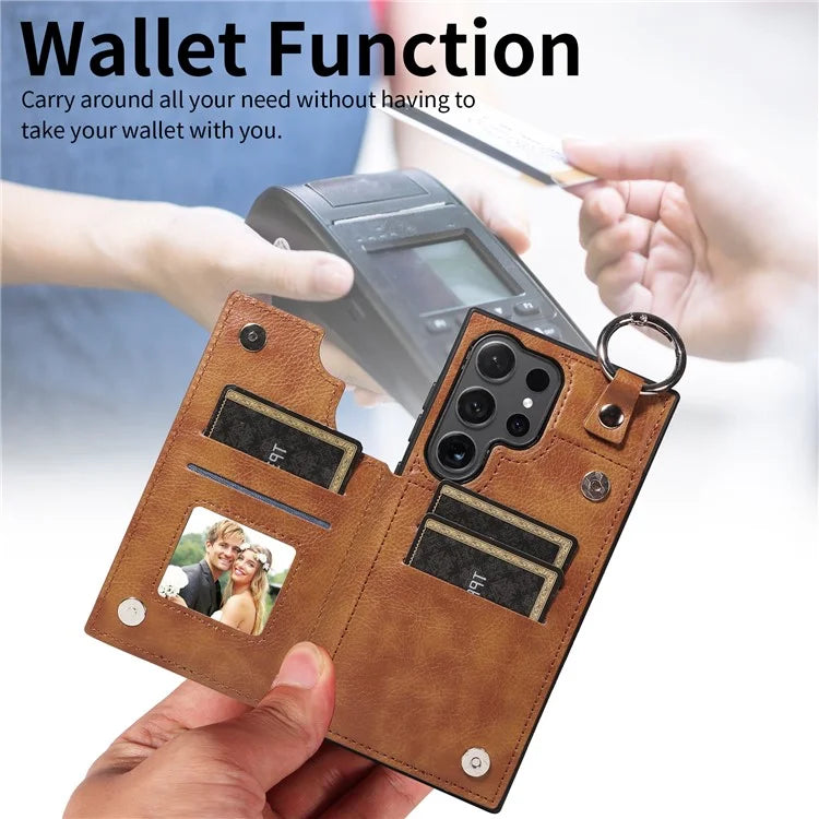 003 For Samsung Galaxy S24 Ultra Case Card Slots Leather Phone Cover Double Magnetic Clasp, Ring Buckle