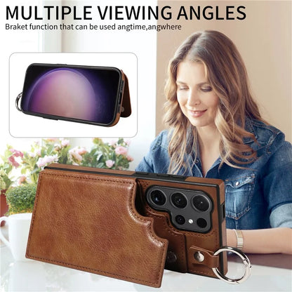 003 For Samsung Galaxy S24 Ultra Case Card Slots Leather Phone Cover Double Magnetic Clasp, Ring Buckle