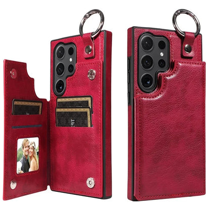 003 For Samsung Galaxy S24 Ultra Case Card Slots Leather Phone Cover Double Magnetic Clasp, Ring Buckle