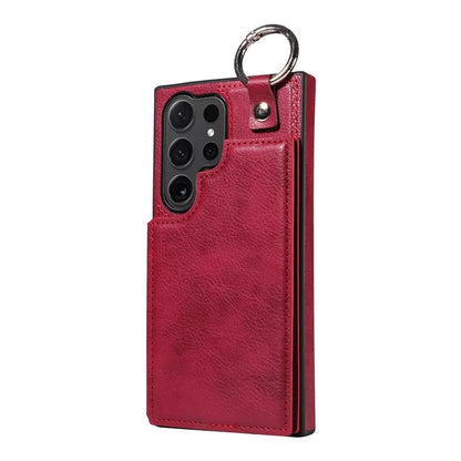 003 For Samsung Galaxy S24 Ultra Case Card Slots Leather Phone Cover Double Magnetic Clasp, Ring Buckle
