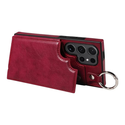 003 For Samsung Galaxy S24 Ultra Case Card Slots Leather Phone Cover Double Magnetic Clasp, Ring Buckle