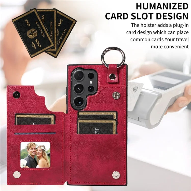 003 For Samsung Galaxy S24 Ultra Case Card Slots Leather Phone Cover Double Magnetic Clasp, Ring Buckle