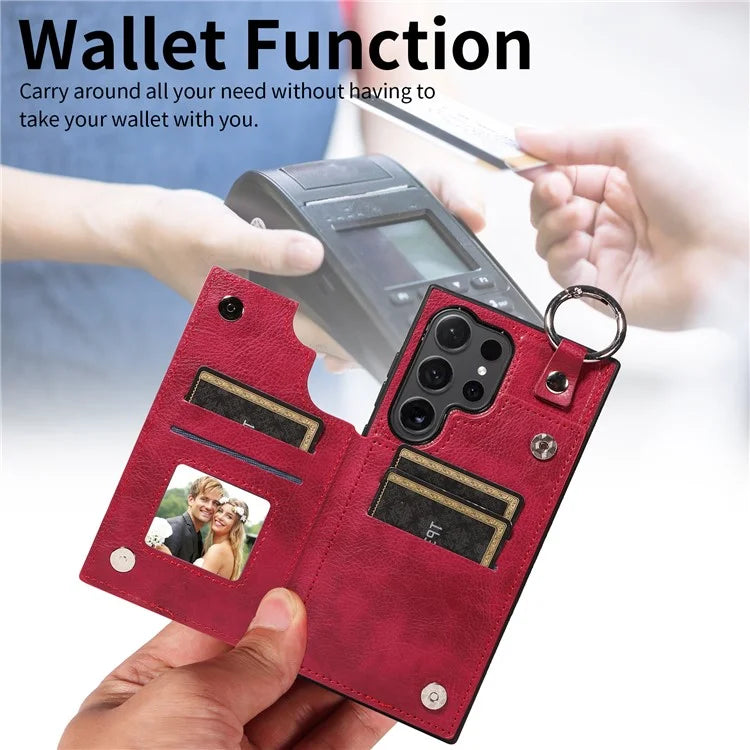 003 For Samsung Galaxy S24 Ultra Case Card Slots Leather Phone Cover Double Magnetic Clasp, Ring Buckle