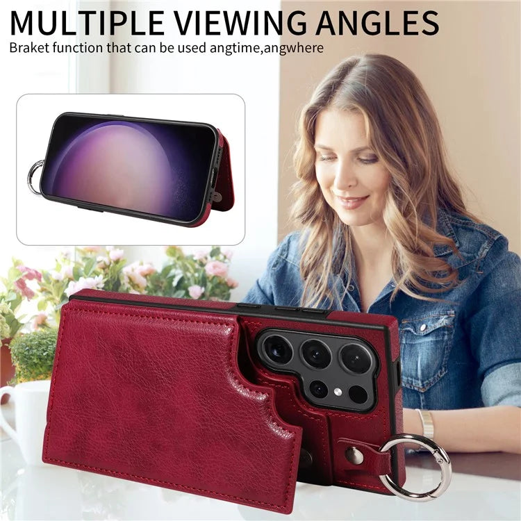 003 For Samsung Galaxy S24 Ultra Case Card Slots Leather Phone Cover Double Magnetic Clasp, Ring Buckle