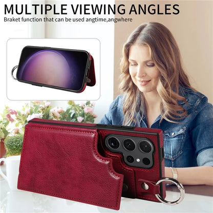 003 For Samsung Galaxy S24 Ultra Case Card Slots Leather Phone Cover Double Magnetic Clasp, Ring Buckle