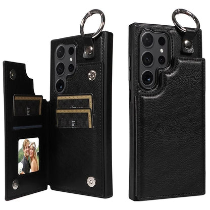 003 For Samsung Galaxy S24 Ultra Case Card Slots Leather Phone Cover Double Magnetic Clasp, Ring Buckle