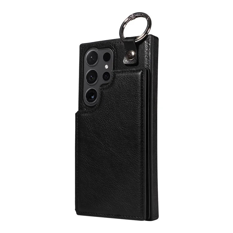 003 For Samsung Galaxy S24 Ultra Case Card Slots Leather Phone Cover Double Magnetic Clasp, Ring Buckle