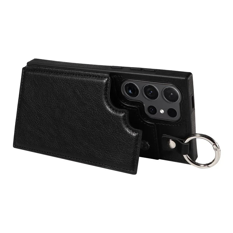 003 For Samsung Galaxy S24 Ultra Case Card Slots Leather Phone Cover Double Magnetic Clasp, Ring Buckle