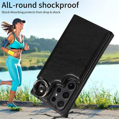 003 For Samsung Galaxy S24 Ultra Case Card Slots Leather Phone Cover Double Magnetic Clasp, Ring Buckle
