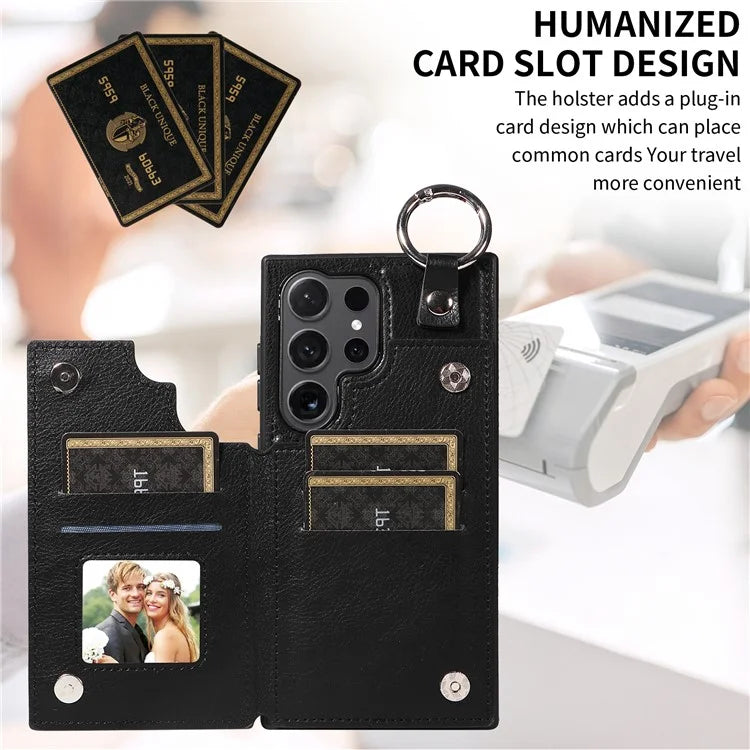 003 For Samsung Galaxy S24 Ultra Case Card Slots Leather Phone Cover Double Magnetic Clasp, Ring Buckle