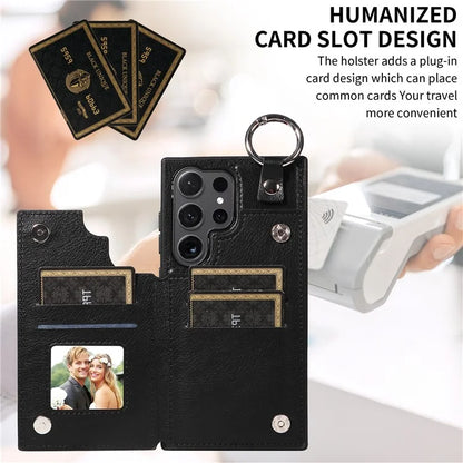 003 For Samsung Galaxy S24 Ultra Case Card Slots Leather Phone Cover Double Magnetic Clasp, Ring Buckle