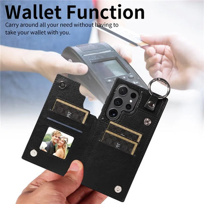 003 For Samsung Galaxy S24 Ultra Case Card Slots Leather Phone Cover Double Magnetic Clasp, Ring Buckle