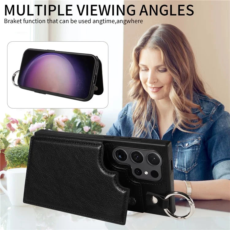 003 For Samsung Galaxy S24 Ultra Case Card Slots Leather Phone Cover Double Magnetic Clasp, Ring Buckle