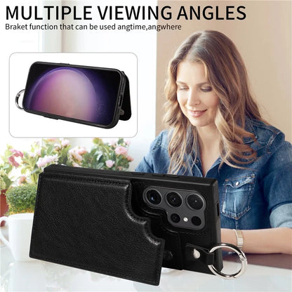 003 For Samsung Galaxy S24 Ultra Case Card Slots Leather Phone Cover Double Magnetic Clasp, Ring Buckle